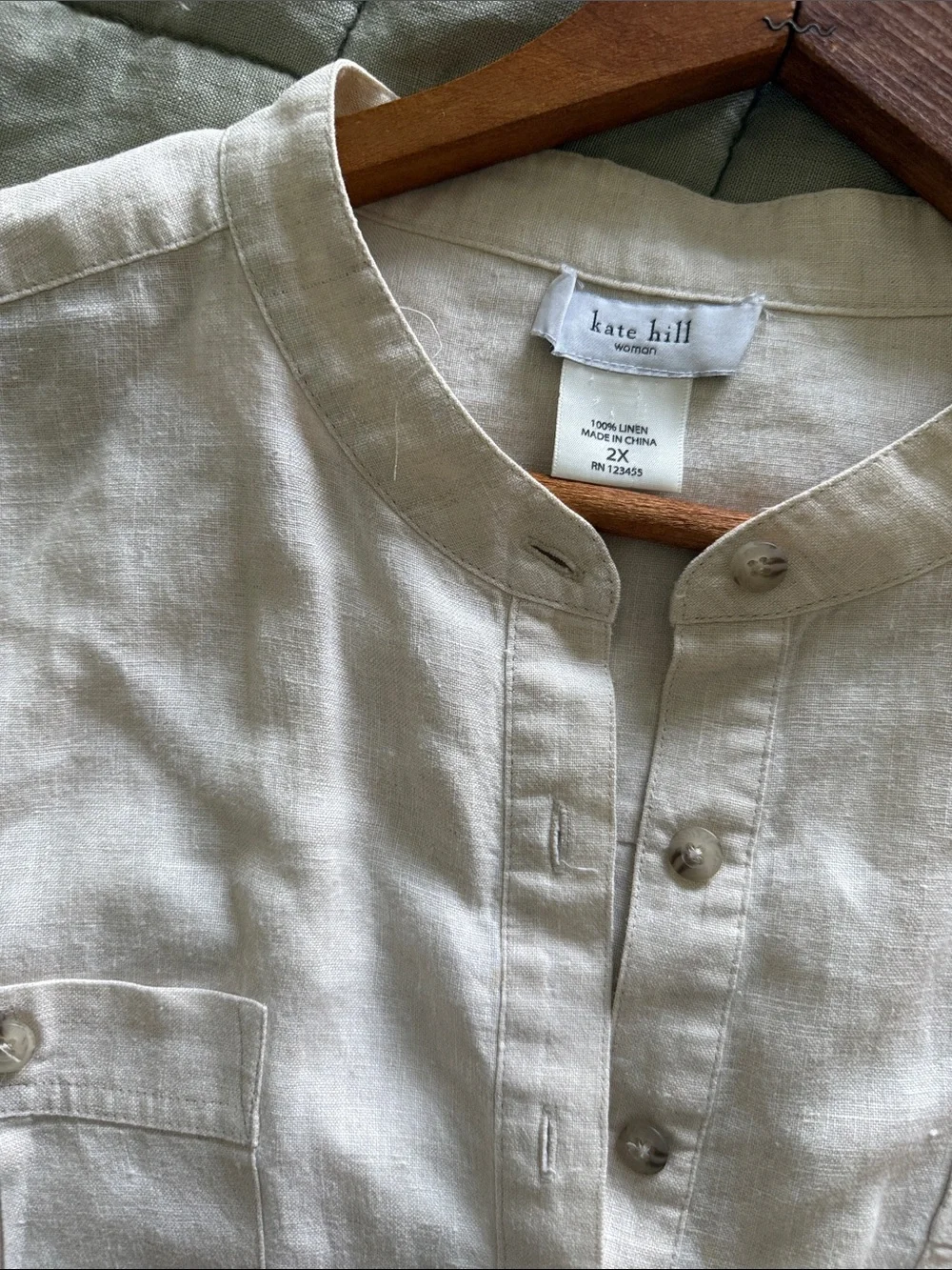 Kate Hill 100% Linen Button Front Top Cream Beige Plus Size 2X Lightweight - Picture 3 of 6